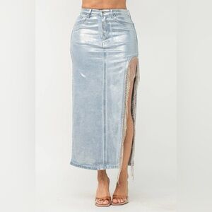 DEMI LUXE Denim Metallic Foil Side Slit Rhinestone Fringe Maxi Skirt